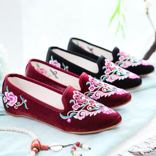 Pointed shoes single-layer shoes ethnic embroidered cloth shoes spring and autumn bright silk cloth Muller women's single-layer shoes