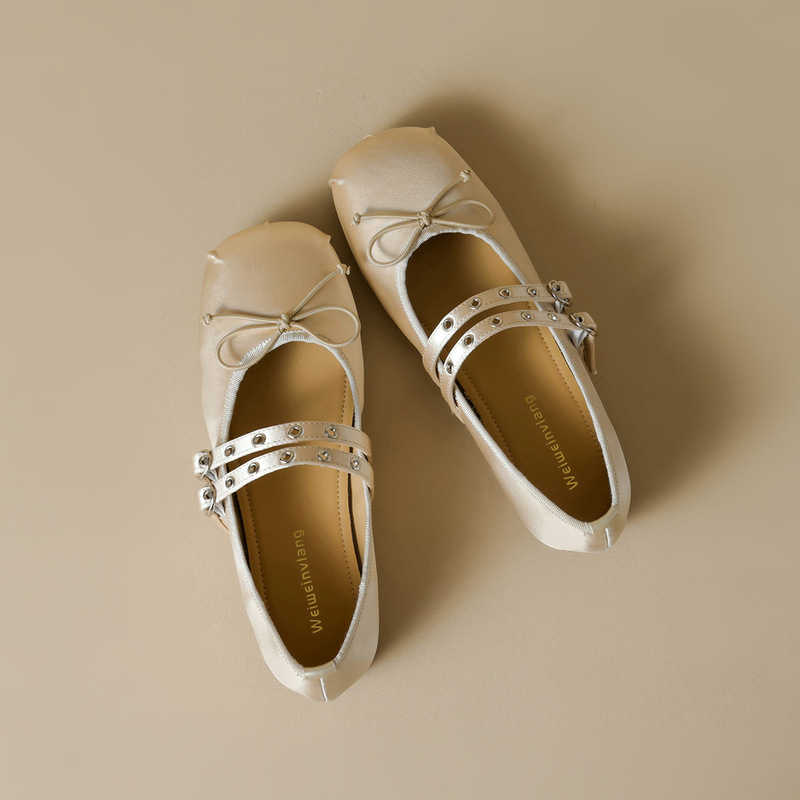 222-42 Super Soft Flat Shoes for Women with Bowknot and Single Strap, French Mary Jane Shoes, Shallow Mouth Soft-Soled Ballet Shoes