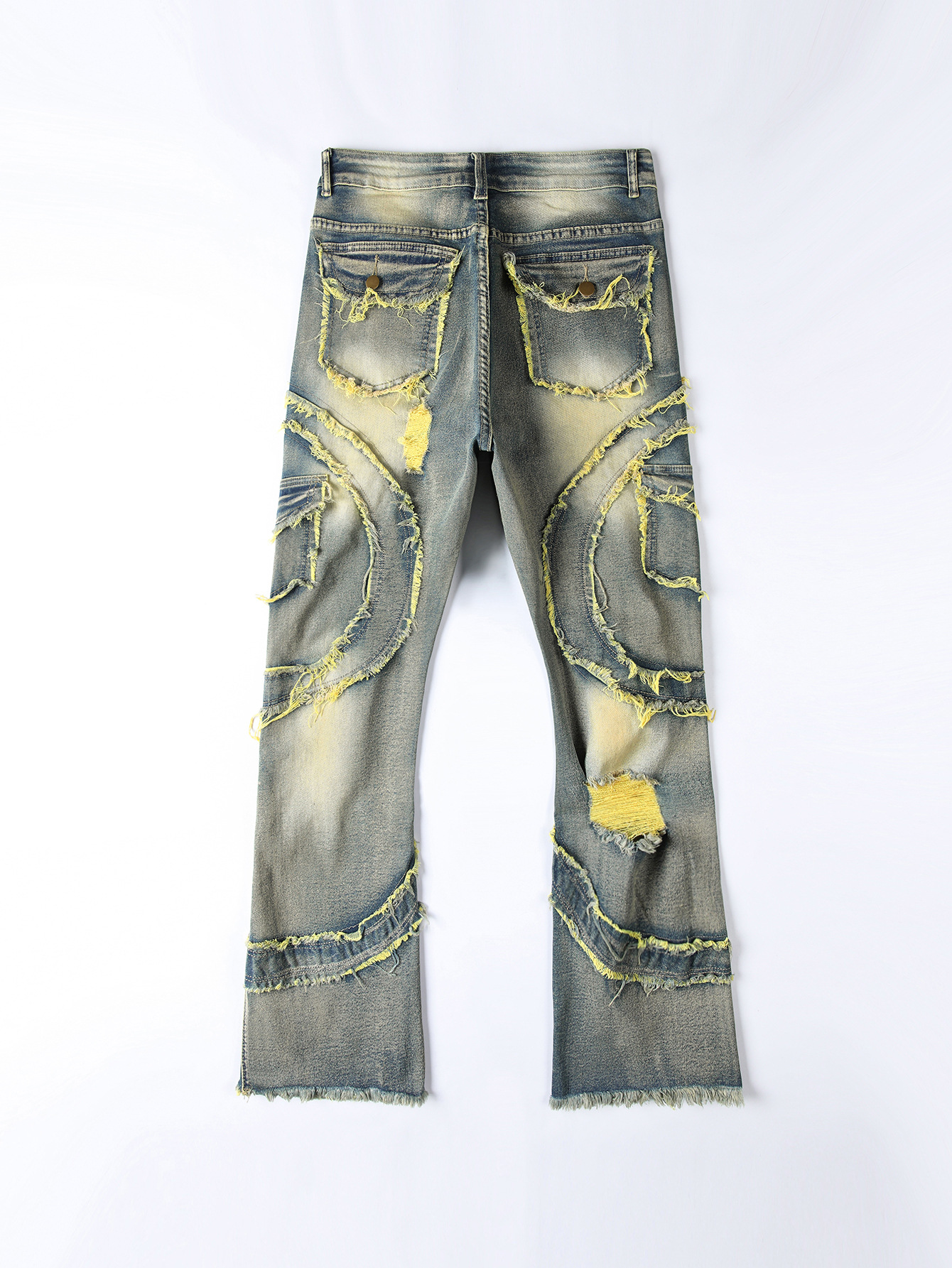 Men's Flared Jeans With Fringe Details And Perforated Design_voghion.com