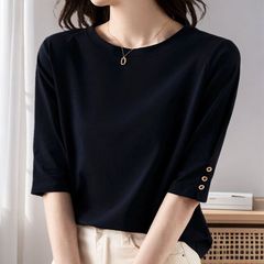 日韓現物ボタンデザイン五分袖tシャツ2025夏新作ファッションボタンデザイン五分袖tシャツ女