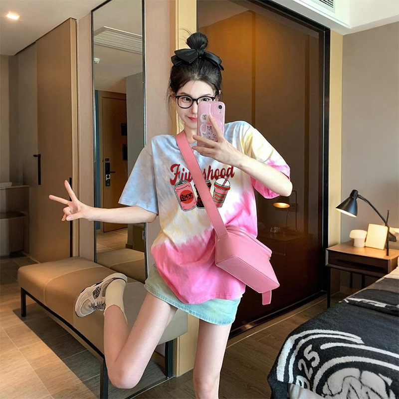 Summer Popular Gradient Tie-Dye Loose Cotton T-Shirt for Women Chic Trendy Cool Graffiti Mid-Length Western Style Casual Top