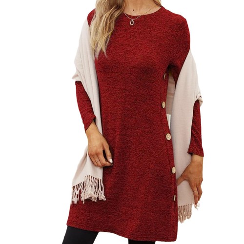2025 European and American Style Long-Sleeve Round Neck Button-Side Dress with Pockets for Women