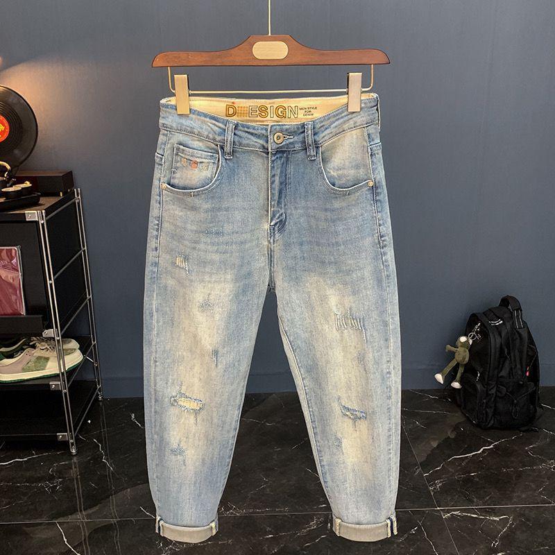 2024 New Light Ripped Cropped Jeans Men's Summer Thin Skinny Stretch Loose Harem Trendy Pants