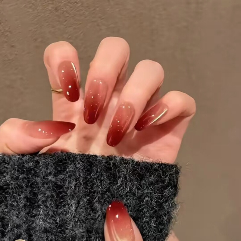 [Wine-Soaked Black Tea] Autumn and Winter Whitening Electroplated Red Wearable Manicure Semi-Handmade Patches 10 Pieces