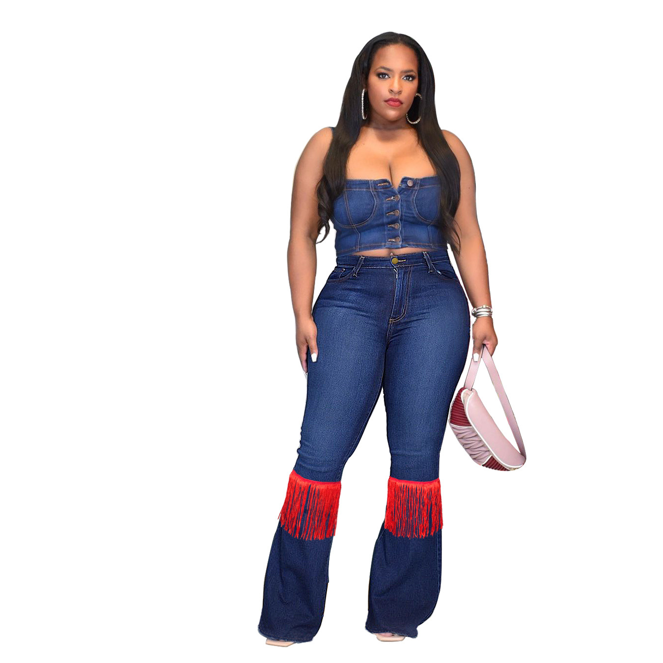 High Waist Low Stretch Tassel Bootcut Jeans NSWL105848