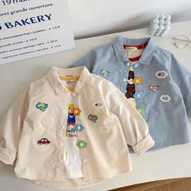 儿童可爱衬衫~ 春秋款日系男童棉梭织上衣宝宝翻领飞机刺绣衬衣