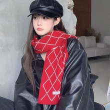 高级感安可拉红菱形格围巾女秋冬季针织100%羊毛围脖圣诞新年礼物