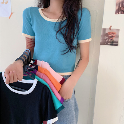 实拍实价 撞色修身冰丝短袖针织衫女薄款bm紧身短款紫色上衣X|ms