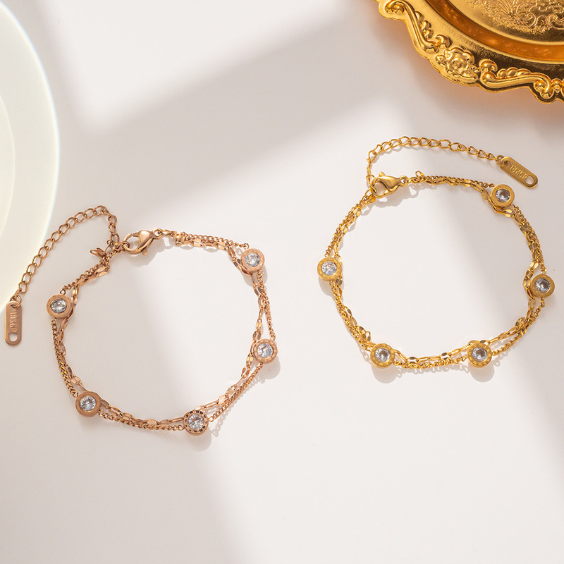 K-Style of Simple Japanese and Korean Roman Diamond Rose Gold Bracelet Double-Layer Titanium Steel Single Diamond European and American Fashion Accessories
