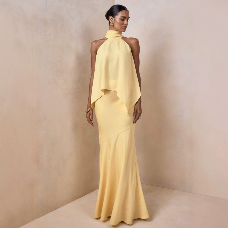 Women's Yellow Two-Piece Set with Suspenders, Elegant and Flowy Skirt and Top, Suitable for Proms and Formal Occasions Women's Yellow Two-Piece Set with Suspenders, Elegant and Flowy Skirt and Top, Suitable for Proms and Formal Occasions