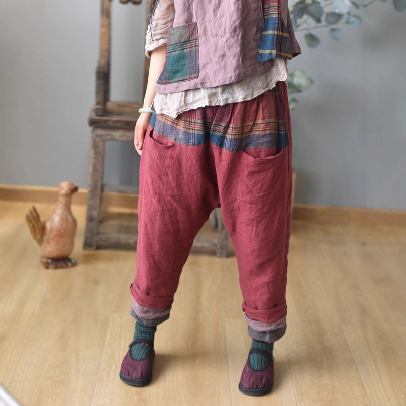 Shili/Original Spring and Autumn Women's Linen Clothing Yarn-Dyed Linen Patchwork Baggy Pants Unique Artistic Casual Low-Crotch Harem Pants
