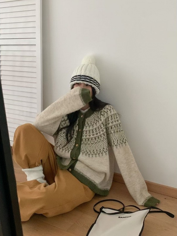 复古费尔岛加厚羊毛软糯毛衣外套女韩版秋冬新款宽松百搭针织开衫|undefined