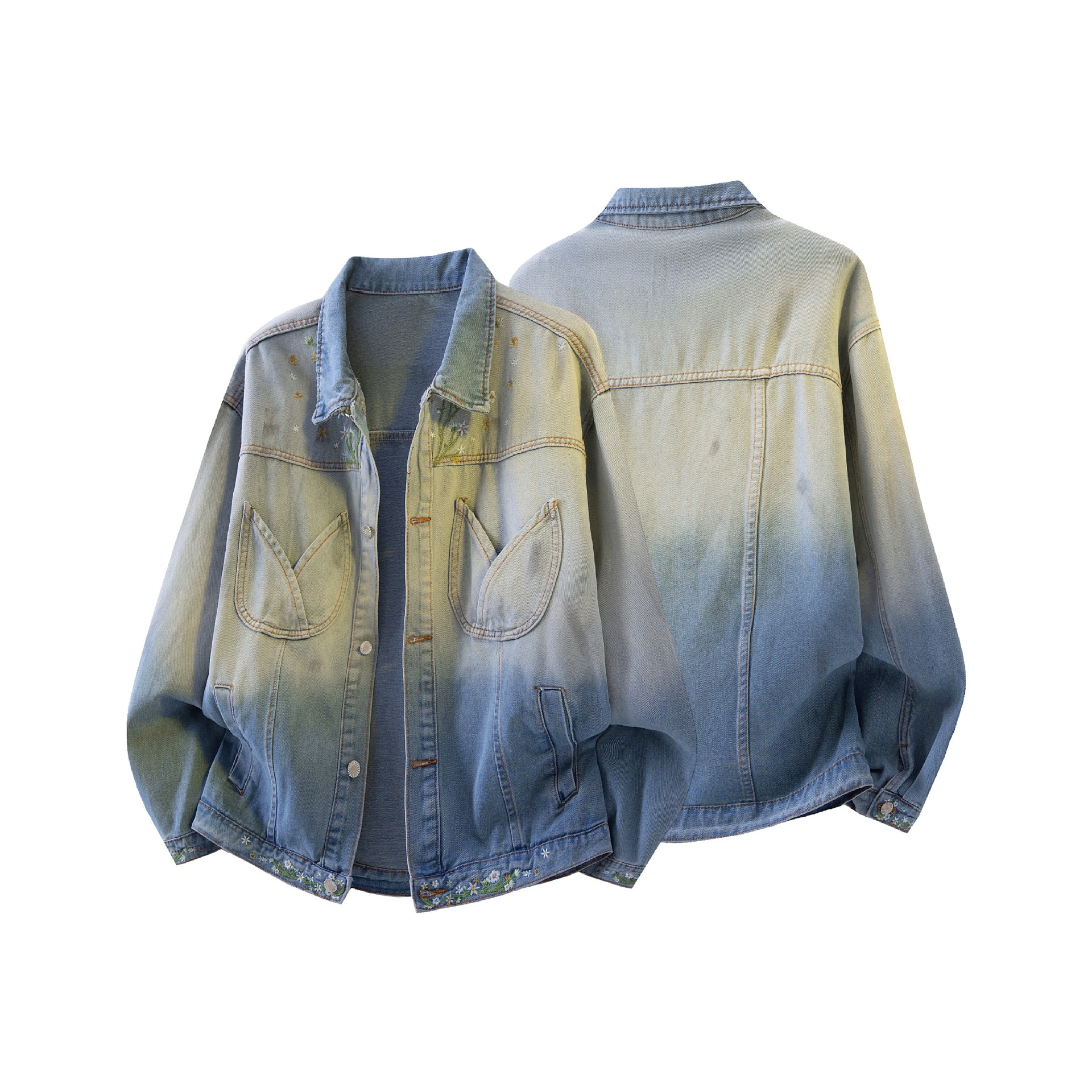 Gradually Dyeing Flower Embroidery Denim Jacket Unisex Trend_voghion.com