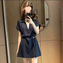 连衣裙女假两件翻领短袖夏季新款时尚百搭设计感气质休闲短裙