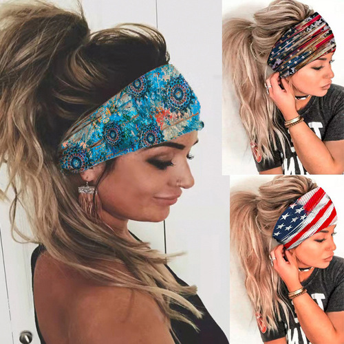 European and American Headscarf Women's Summer New 2024 Fashion Print Elastic Sports Headband Yoga Wide Headband