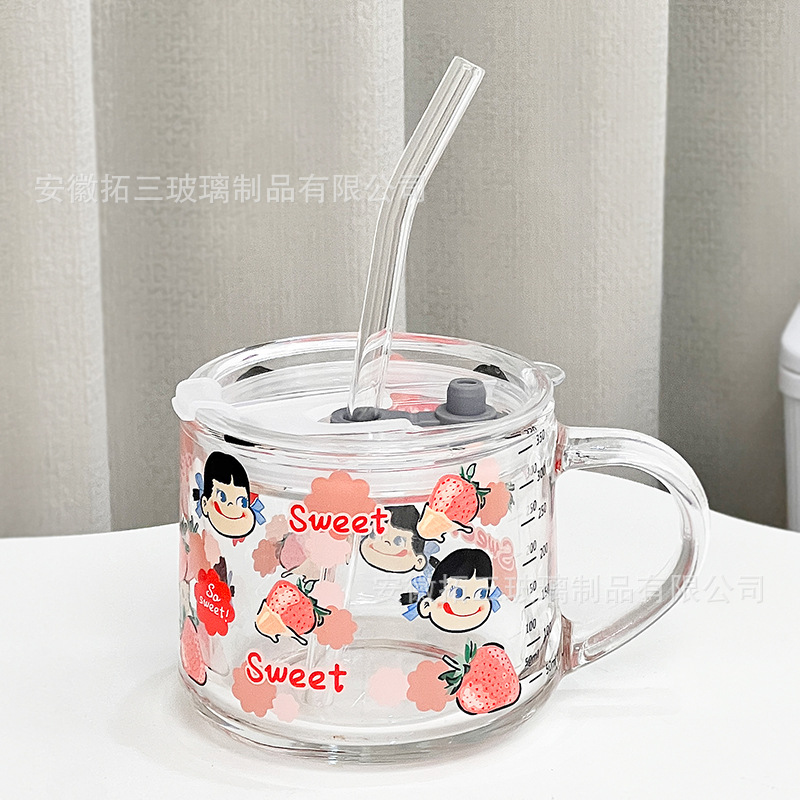 Taza de leche con tapa Taza de pajita Calefacción doméstica con cuchara Taza de impresión linda Taza de desayuno INS Taza de avena Estilo ins