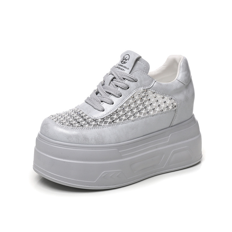 Giày sneaker nữ đế dày lưới thoáng, phối đá rhinestone, tăng chiều cao — màu trắng
