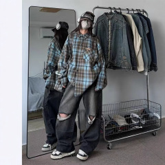 毛磨き格子長袖シャツ男女同型アメリカ式cleanfitレトロなファッションブランドのカジュアルなゆるいチェックシャツ