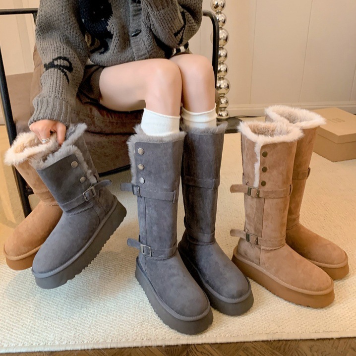 加绒厚款灰色雪地靴女2025冬季新靴子厚底长筒靴搭扣防滑加厚棉鞋