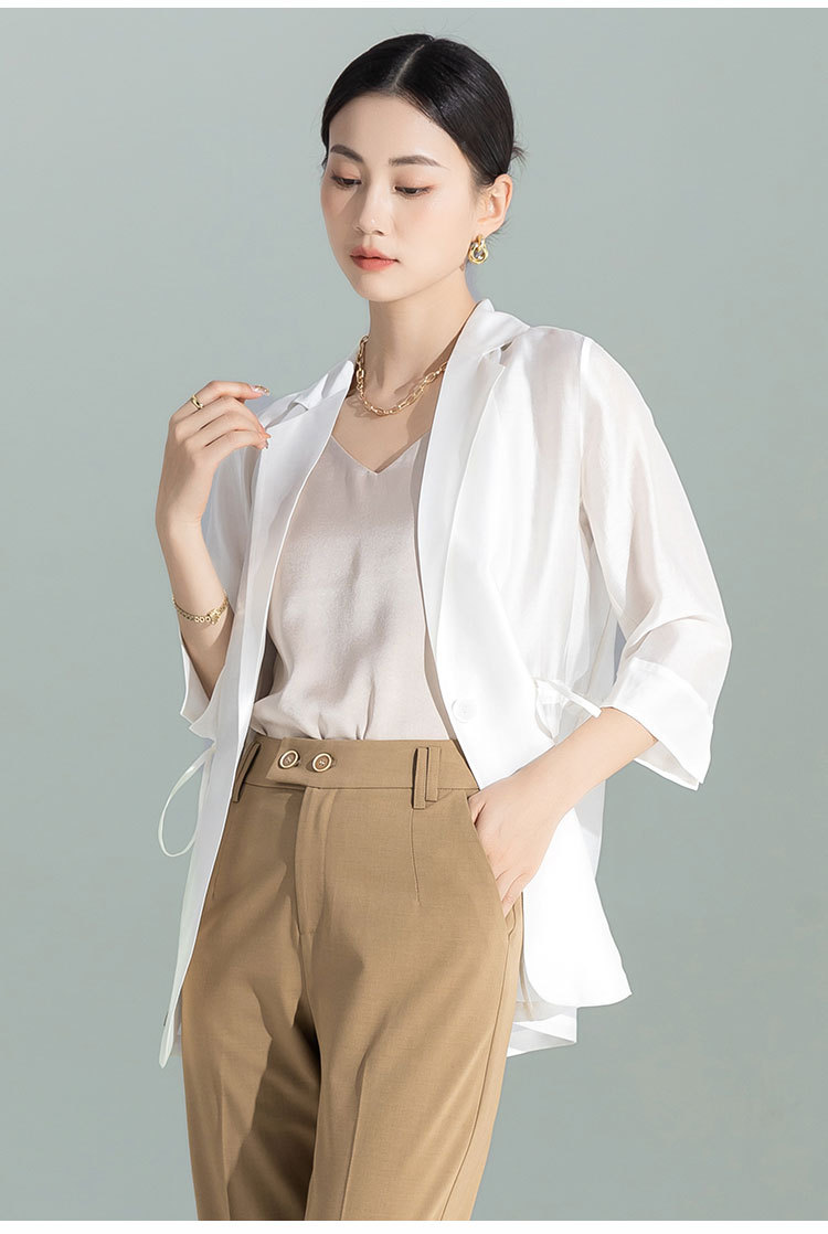Áo khoác blazer nữ cổ lật dây rút chất liệu Leisel mỏng nhẹ mùa hè — Màu trắng chi tiết 11