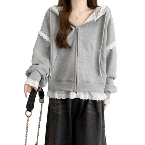 【Original Craftsmanship】Hooded Sweatshirt Cardigan Jacket for Women Autumn Plus Size for Chubby Mm Slimming High-End Lace Flower Edge