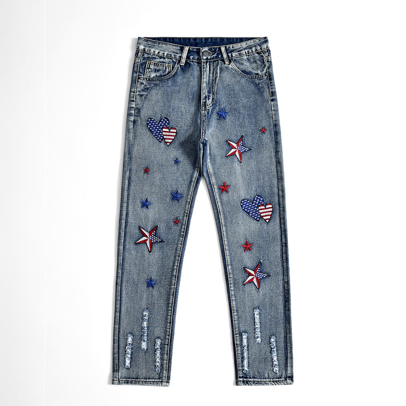 【Cross-border Bestseller】European Size Trendy High Street Men's Jeans with American Style Rips and Digital Print