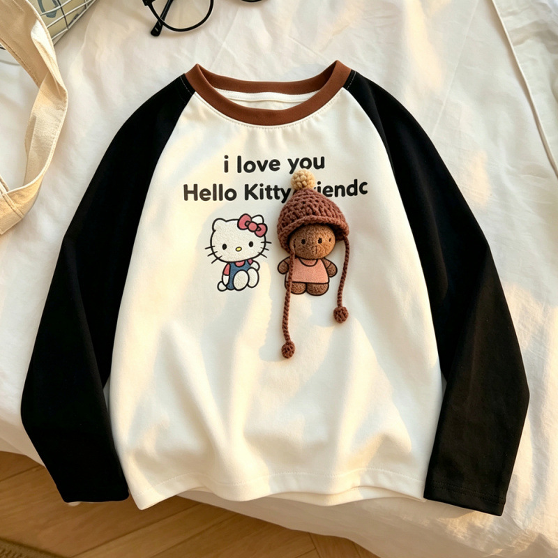 Color-blocked cartoon 3D printed long-sleeved cotton T-shirt, autumn Korean style casual versatile round neck children's top