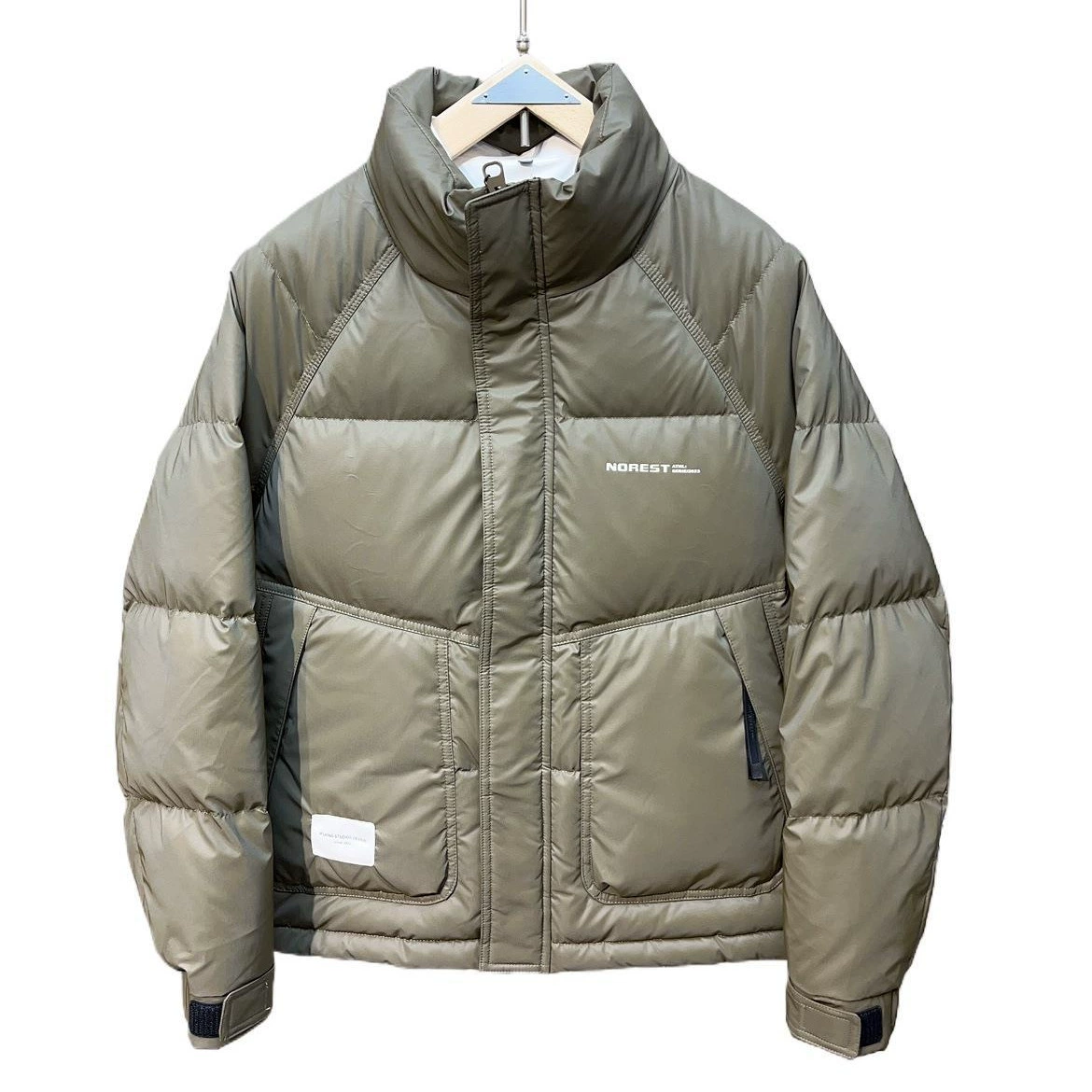 Down jacket, universal winter, duck down filled, velvet‑touch lining, light grey/black