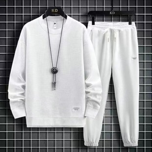 Waffle long-sleeved T-shirt men's sweater 2023 autumn and winter new trendy plus size loose sports leisure suit