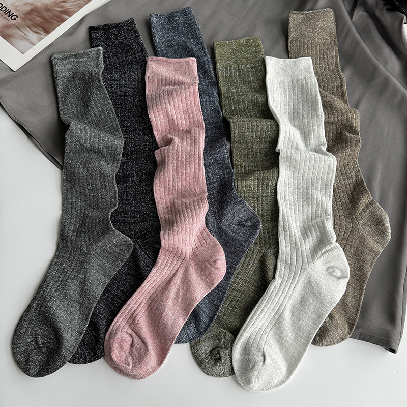 Silver Glitter Socks, Thin Spring/Summer Knee-High Socks for Women, Korean Dongdaemun Style, Vertical Stripes, Slimming Effect