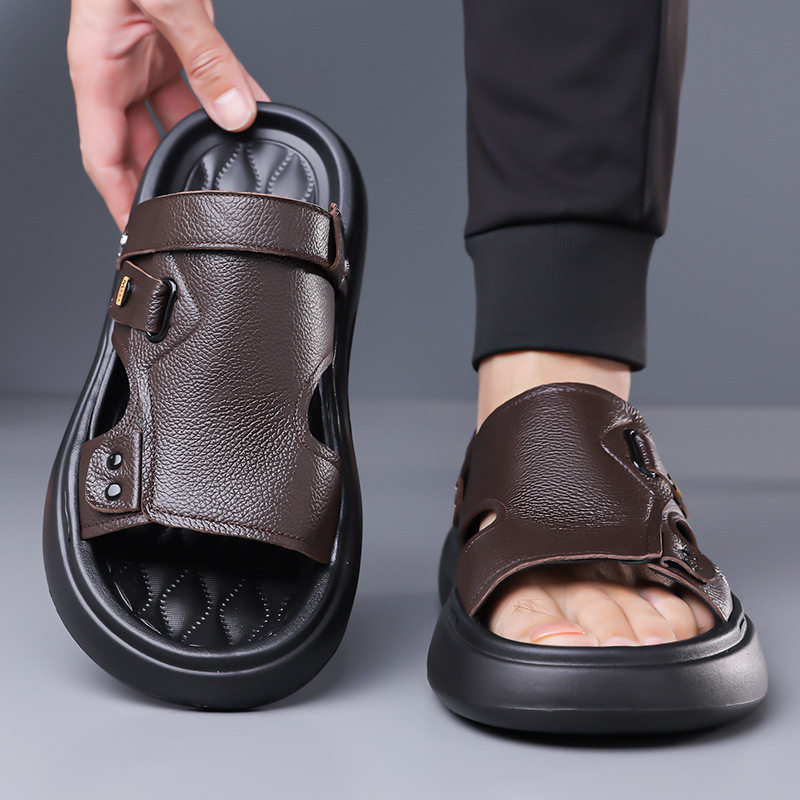 Dép sandal nam da bò lớp đầu đế dày xốp, quai hở ngón kiểu lười thoáng khí — G2S562 màu nâu, G2S562 màu đen