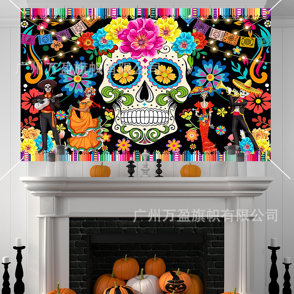 Tela de fondo de Halloween de Amazon Fiesta de vacaciones Escena de calavera grande Accesorios de decoración Día de los muertos Banderas Paño colgante