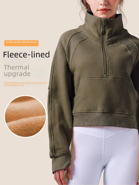 Lulu Half-Zip Sweatshirt Autumn and Winter Fleece-Lined Hooded Sports Jacket Women's Loose Casual Yoga Top Versatile