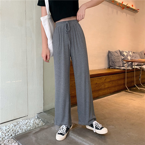 Spring High-Waist Slimming Casual Pants for Women Korean Style Loose Straight Leg Athletic Pants Versatile Elastic Waist Floor-Length Wide Leg Pants