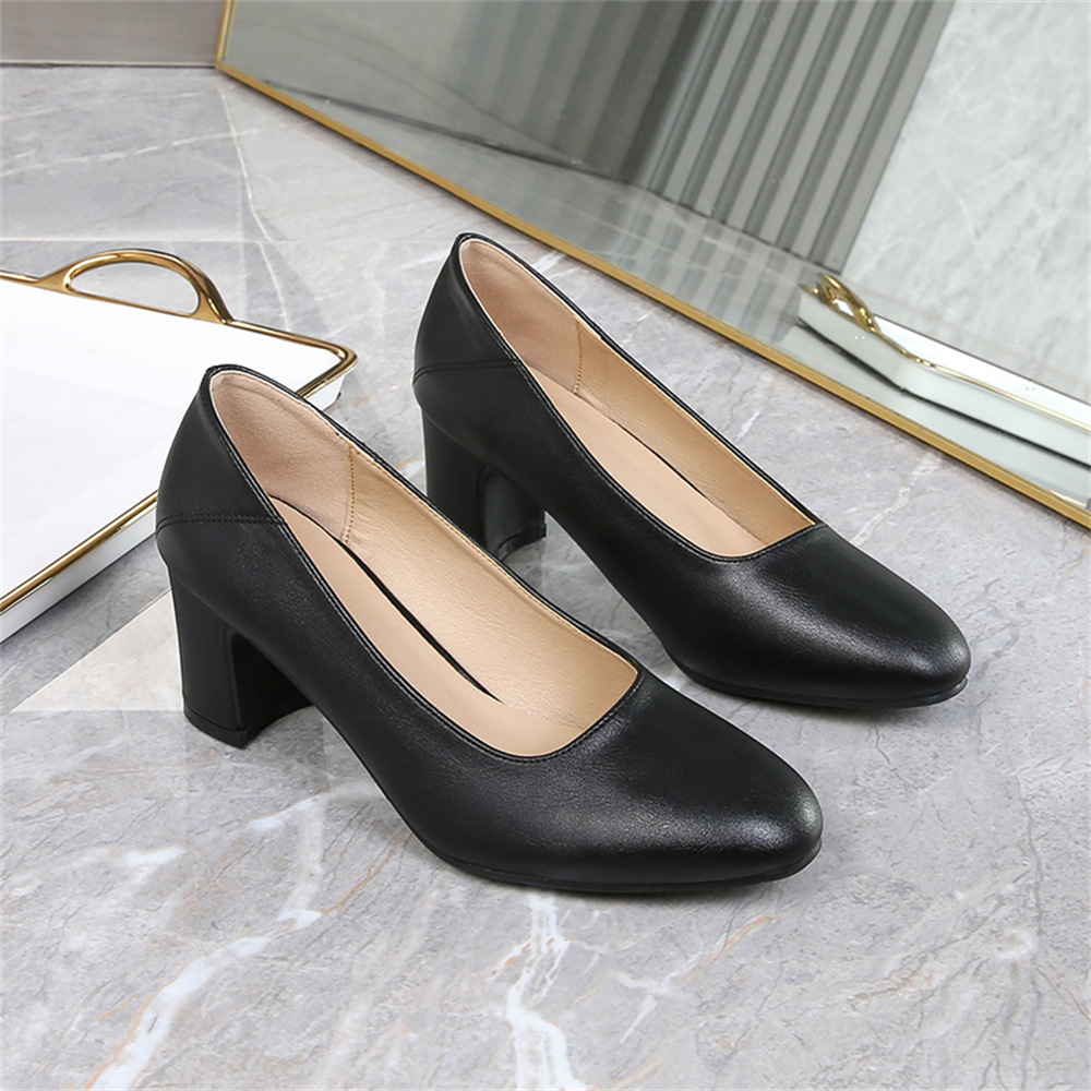 Cross-Border Plus-Size Women's Shoes, Black Office Shoes, Shallow Mouth, Soft Leather, Low Heel, Chunky Heel, Interview Shoes, Mid-Heel, High-Heel Leather Shoes, Flight Attendant Shoes