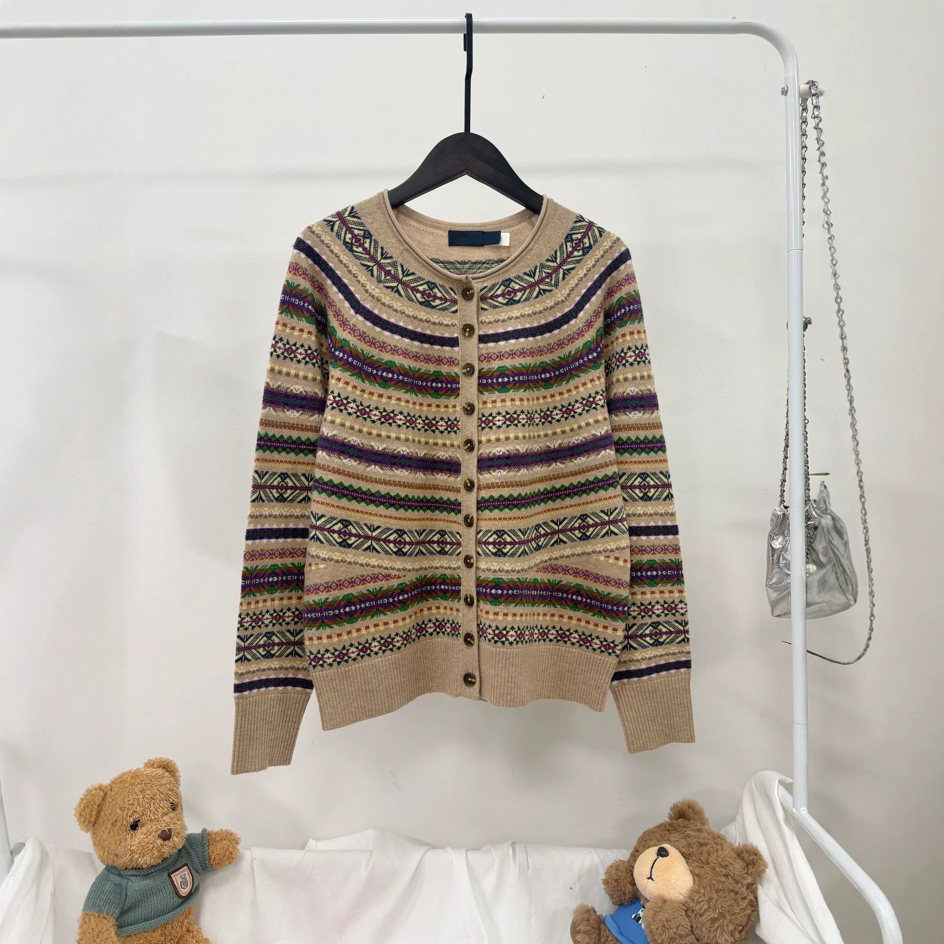 Nanyou high-end retro-style Fair Isle wool sweater, polo collar, color-block design, women's fitted knit cardigan