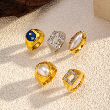 欧美跨境轻奢复古戒指潮镶嵌大珍珠宽面几何简约个性光面指环现货