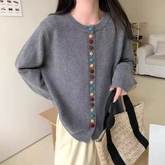 彩扣圆领针织开衫女2025秋装新款文艺风上衣宽松秋冬外搭毛衣外套