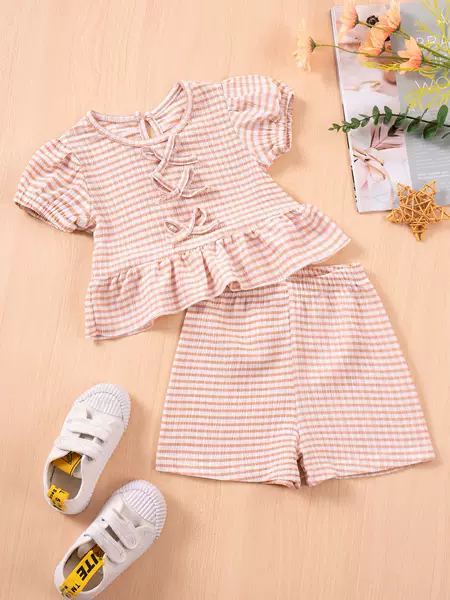 2025 summer girls suit European and American style cross-border wholesale new striped printed short sleeve shorts suit
