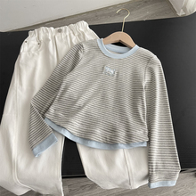 清新假两件~女童 春季卡通小狗刺绣 短款条纹拼接撞色长袖T恤外贸