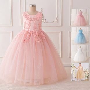 Children's Long Wedding Dress, Fluffy Mesh Princess Dress, 3-15 Years Old, Middle and Large Kidsren's Catwalk Party Performance Costume