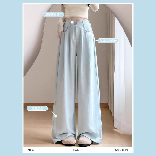 Misty Blue Milk Puff Suit Wide Leg Pants for Women 2025 Summer New High-Waisted Slimming Loose Chiffon Floor-Length Summer Pants