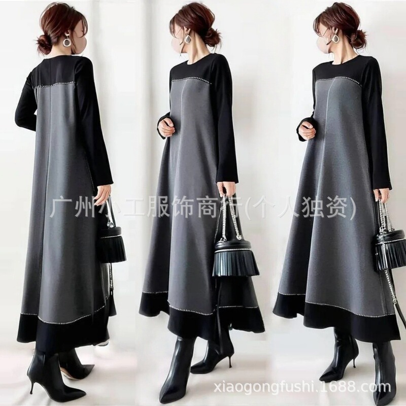 In-Stock Cross-Border Trade Japan-Korea Autumn/Winter 2026 New Loose Round-Neck Patchwork Dress for Women, Mid-Length Style