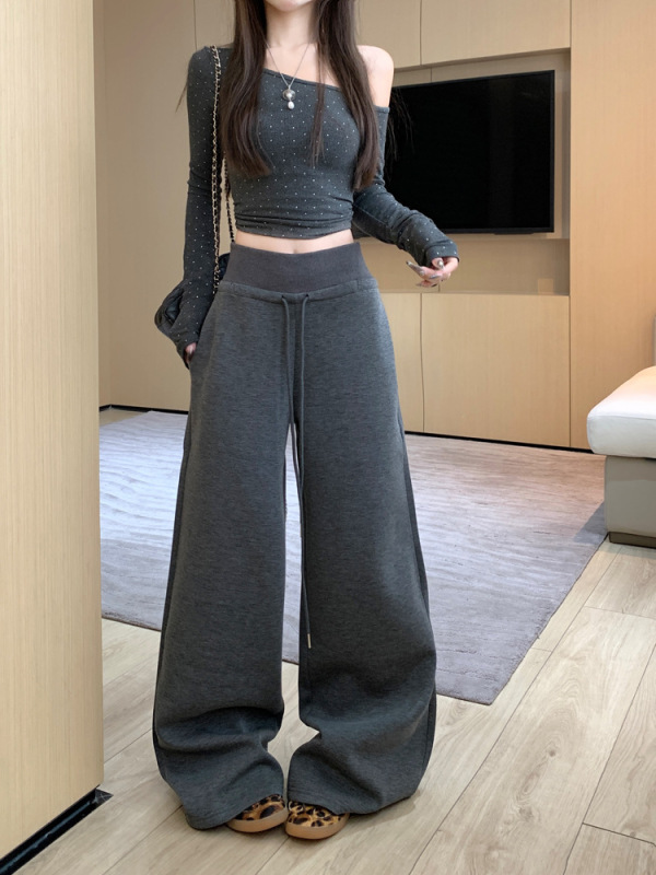 慵懒风灰色休闲裤早秋卫裤女高腰直筒裤阔腿裤长裤垂感拖地裤女|undefined