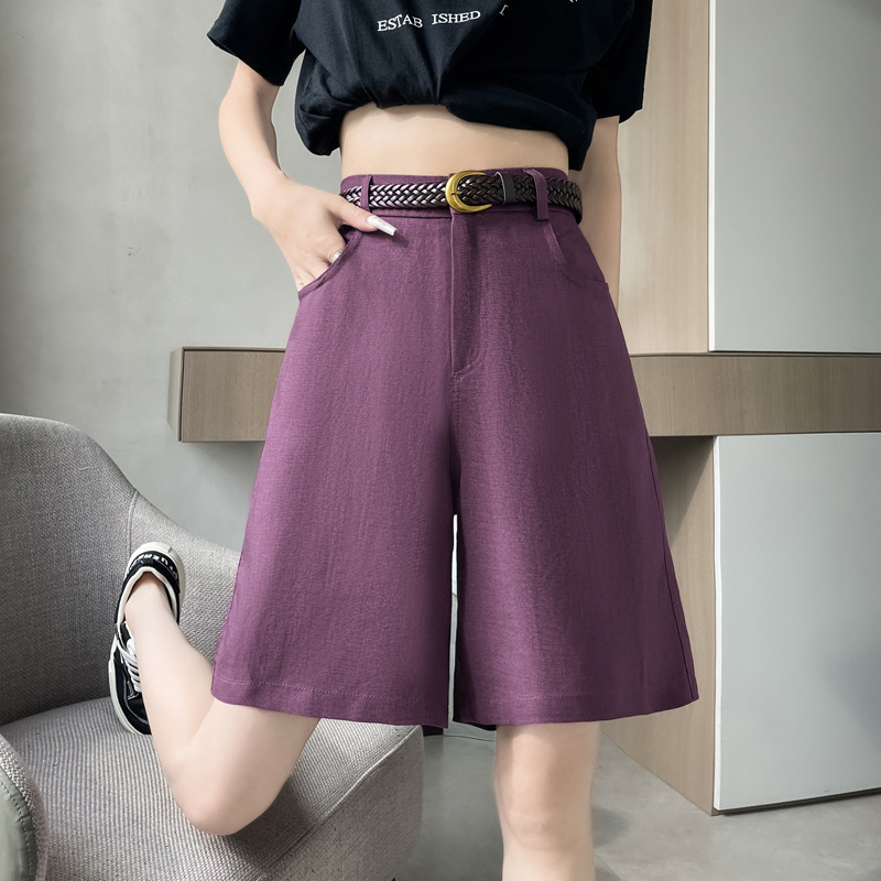 女性用リネンショートパンツ、夏用薄手ハイウエストスリムワイドレッグパンツ、ゆったりカジュアルストレートレッグ万能スーツミッドパンツ|undefined