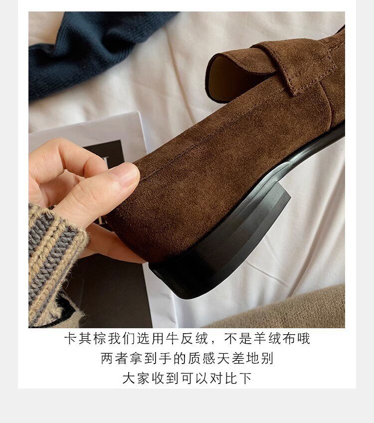 Giày lười nữ da lộn cổ điển mũi tròn đế bằng gót 3–5 cm — Màu nâu kaki, màu đen chi tiết 11