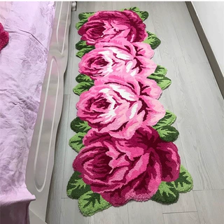 跨境批发婚庆客厅沙发卧室床边长条4朵玫瑰花地垫跨境专供毛绒