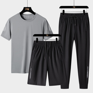 Fashionable Casual Sports Ice Silk Suit Loose Round Neck Shorts Short-Sleeved Long Pants Lightweight Quick-Drying Three-Piece Set for Men Breathable