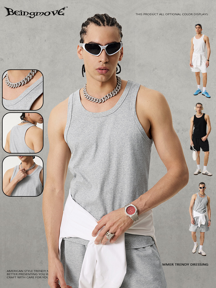 2025夏の韓国の大きいサイズの袖なしのtシャツのメンズの純色のインナーベストのハードルのスポーツのレジャーの汗のシャツの男性の潮
