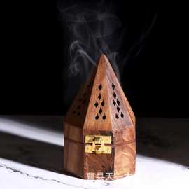 创意金字塔造型线香盒翻盖式家用熏香盒仿古镂空檀香炉盘香盒摆件